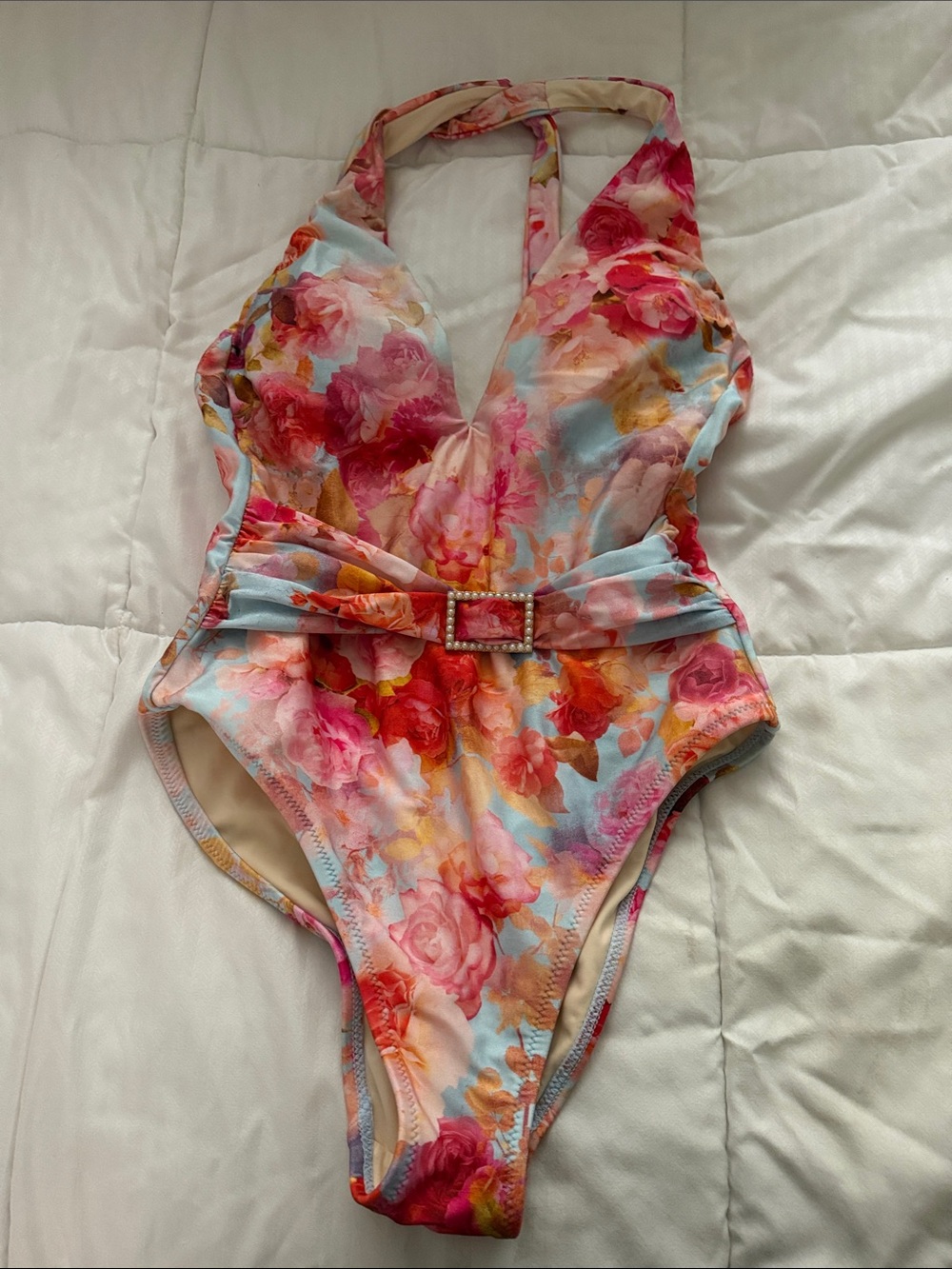 L agence Floral Halter One-Piece Swimsuit in Pink and Blue, like new